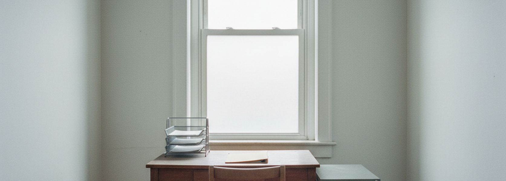 A plain office room: bare wooden desk under a tall window, closed paper folder, wooden chair, pale painted walls.