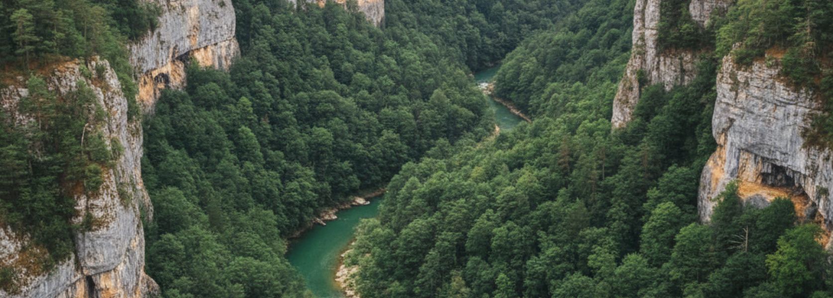 A deep limestone gorge with a green river along its floor and steep wooded sides rising on both banks.