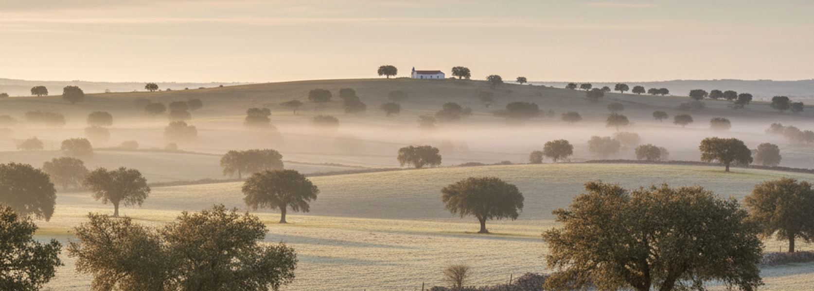 Widely spaced cork oaks on rolling pasture with ground fog lying in the hollows and a white farmhouse on a low ridge.