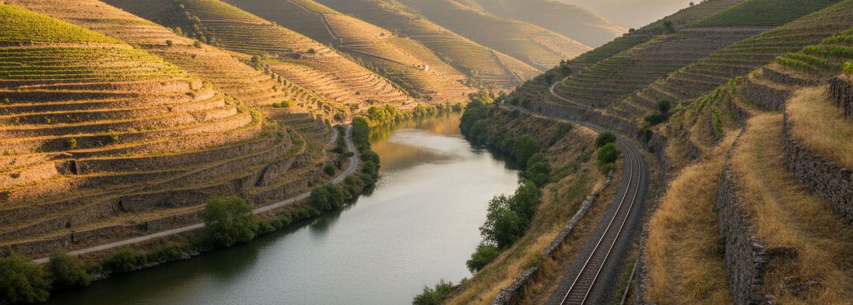 A single railway track on a stone ledge beside a slow river, with stepped vine terraces rising on the far slope.