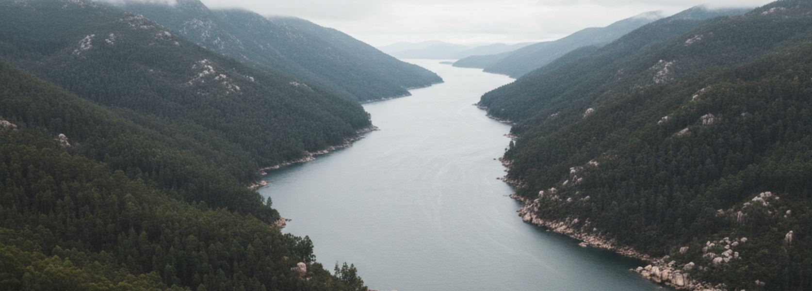 A long Galician ria of gray green water reaching inland between steep wooded slopes with low cloud on the ridges.