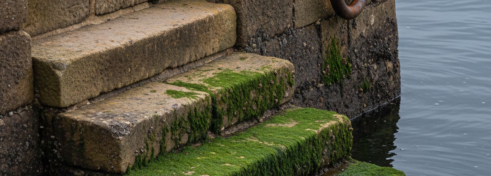 Worn stone quay steps descending into still harbor water, green weed on the lower treads and an iron mooring ring.