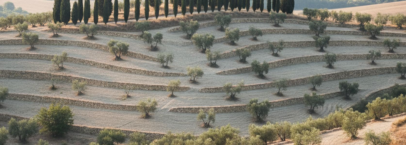 Old olive terraces on pale clay hillside with a line of dark cypresses along the crest and a wooded ridge behind.