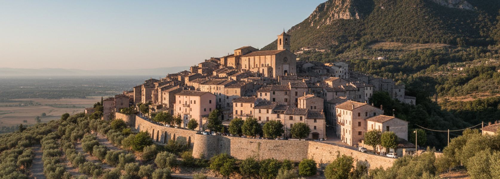 Stone houses and terracotta roofs stacked along a hillside above olive terraces, with a wooded mountain behind and the valley floor in haze.