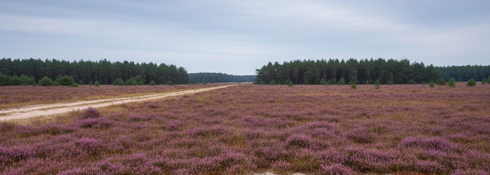 Open heather running to a dark line of pines on the Veluwe, with a pale sand track crossing the middle distance under a gray sky.