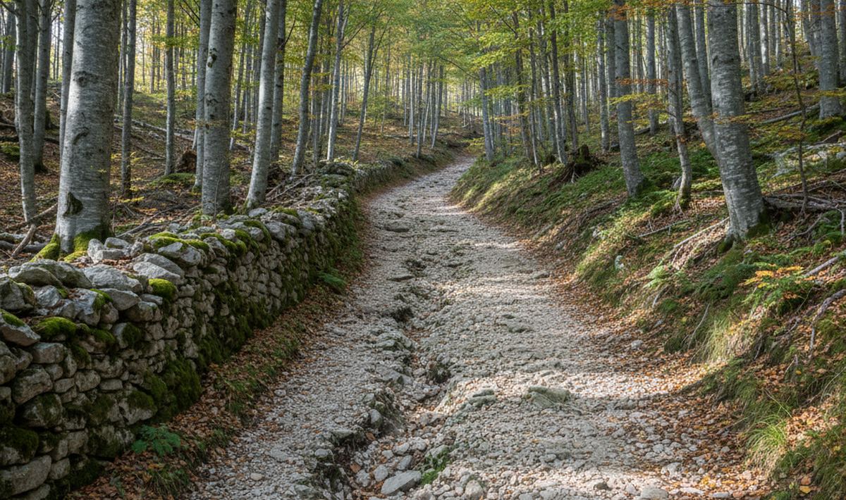 A stony unsurfaced track climbing through beech woodland, rain ruts cut into the loose cobbles and a dry stone wall along the uphill side.