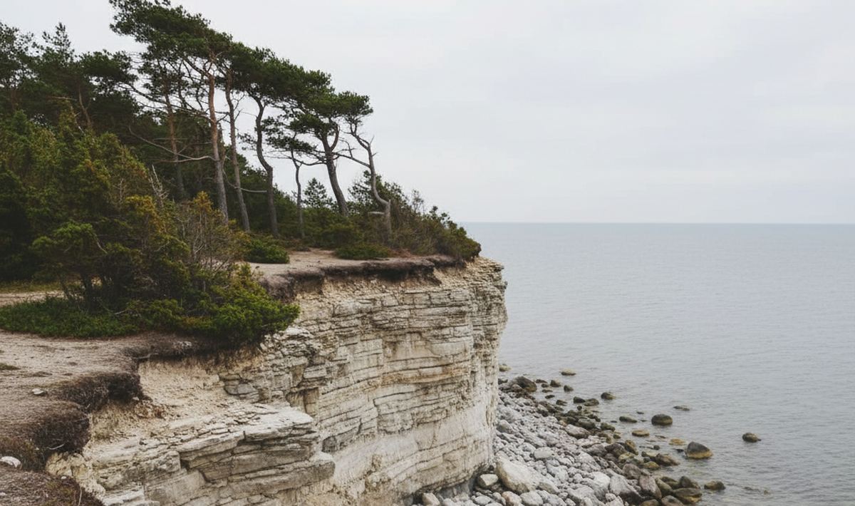 A low limestone sea cliff dropping to a boulder beach, junipers along the top edge and flat grey Baltic water beyond.