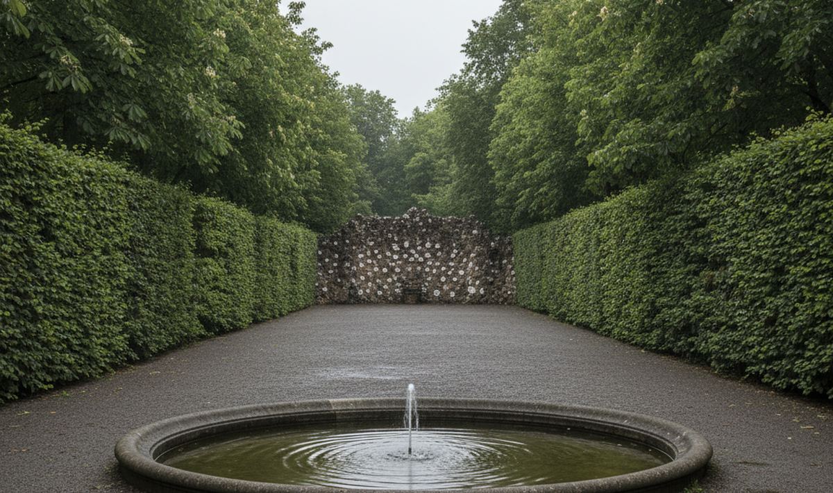 A gravel court between tall clipped hedges in a formal garden, with a round stone basin and a shell studded grotto wall.