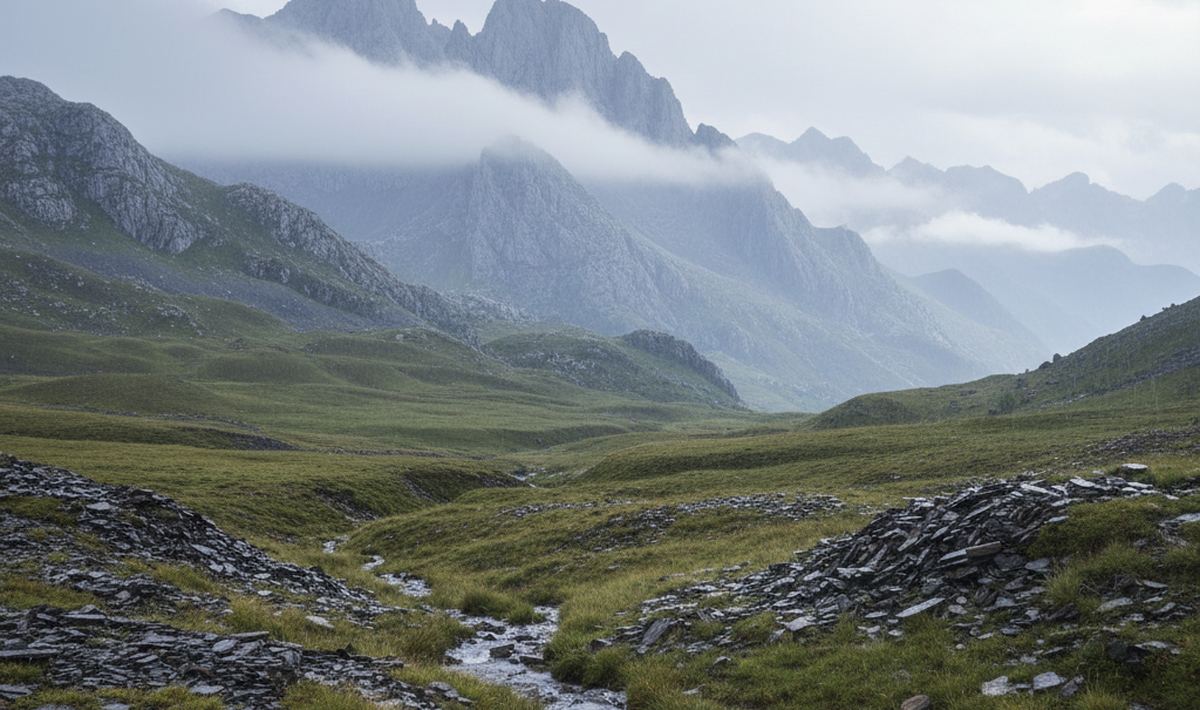 Gray limestone peaks half swallowed by low cloud above wet upland pasture and loose scree.