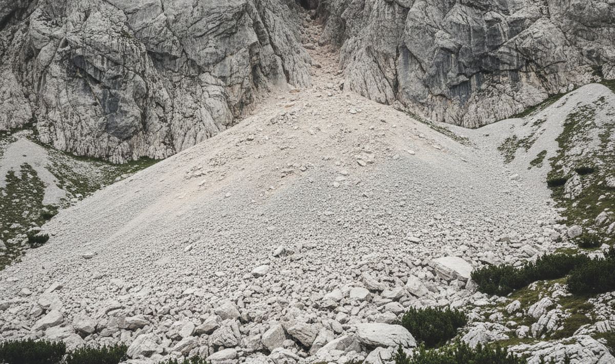 A fan of pale limestone scree spilling from a gully below a grey rock wall, angular blocks and dwarf pine below.