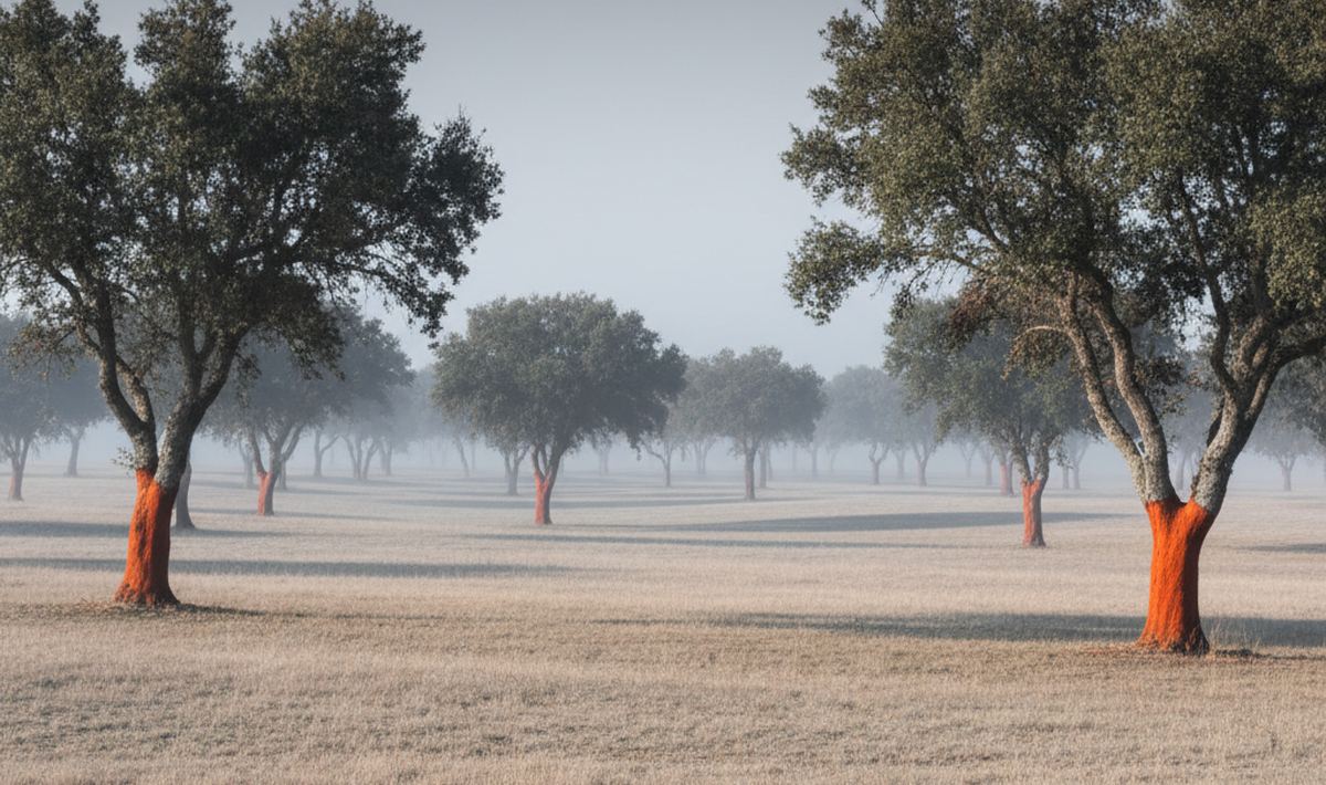 Widely spaced cork oaks with lower trunks stripped to bare orange bark, dry pale grass between them and thin mist behind.