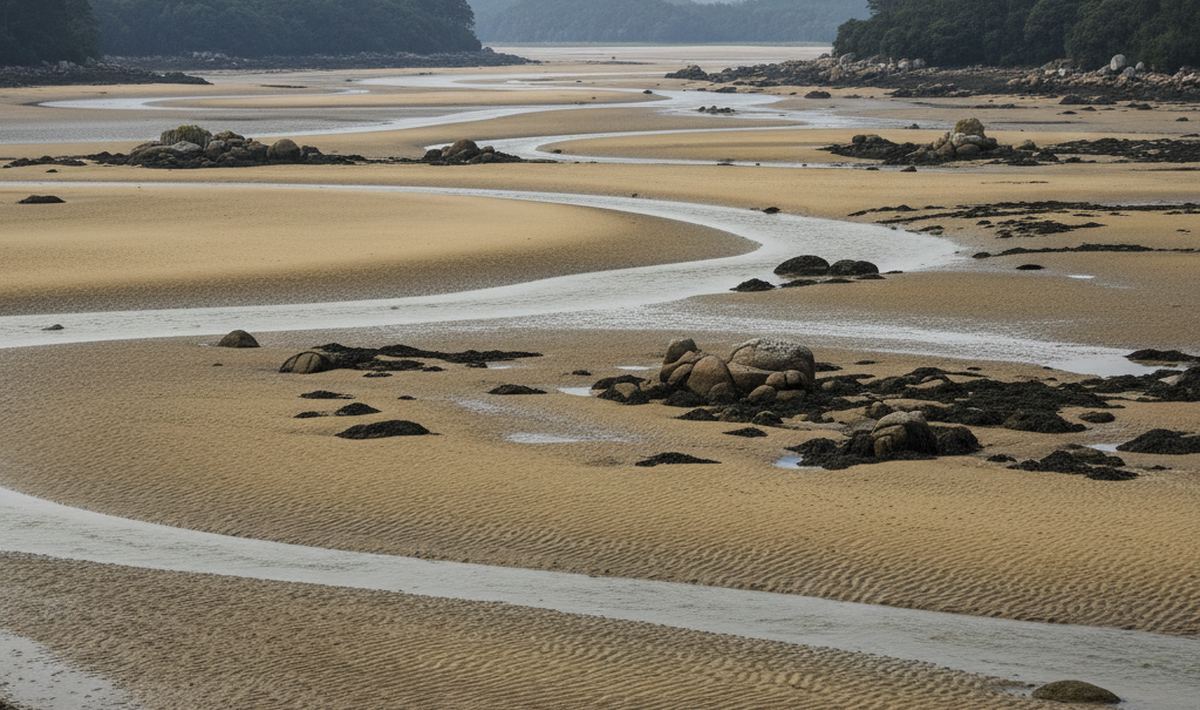 A wide estuary at low water, ribbed sand flats cut by draining channels, seaweed on granite boulders, hazy hills beyond.