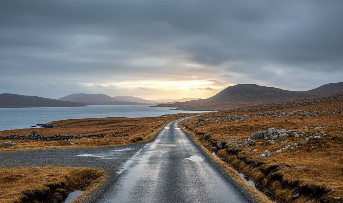 Wet single track road with a sealed passing place crossing brown peat moor toward a sea loch and low rounded hills.
