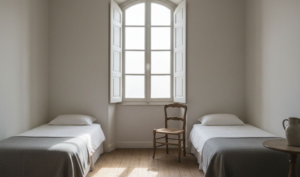 Two single beds flanking a tall shuttered window, a gray blanket spread across the foot of each, light on bare floorboards.