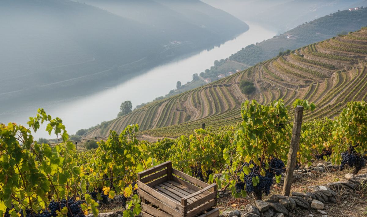 Empty wooden picking crates stacked at the end of a vine row on a terraced slope above a river valley.