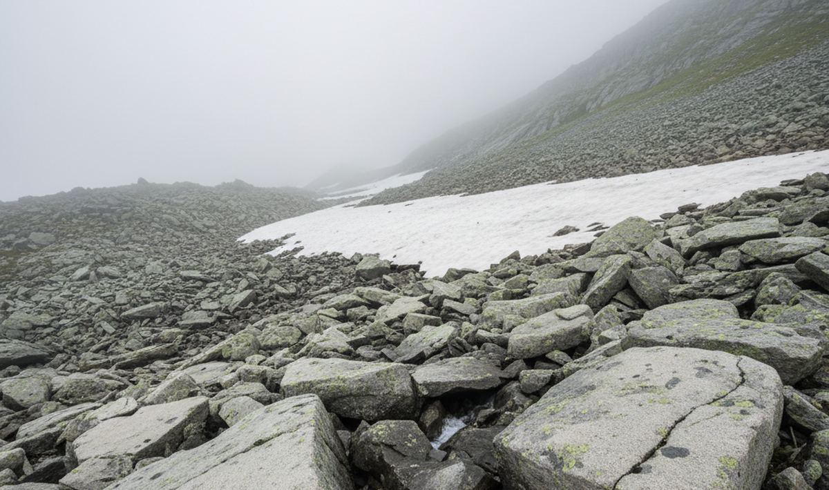 Angular pale gray blocks streaked with yellow lichen below a wide clean snowfield, thick mist closing the valley behind.