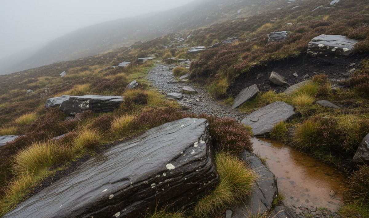 Close view of the ground on a Kerry hillside: wet sandstone slabs, coarse tussock grass and cut peat banks holding brown standing water.