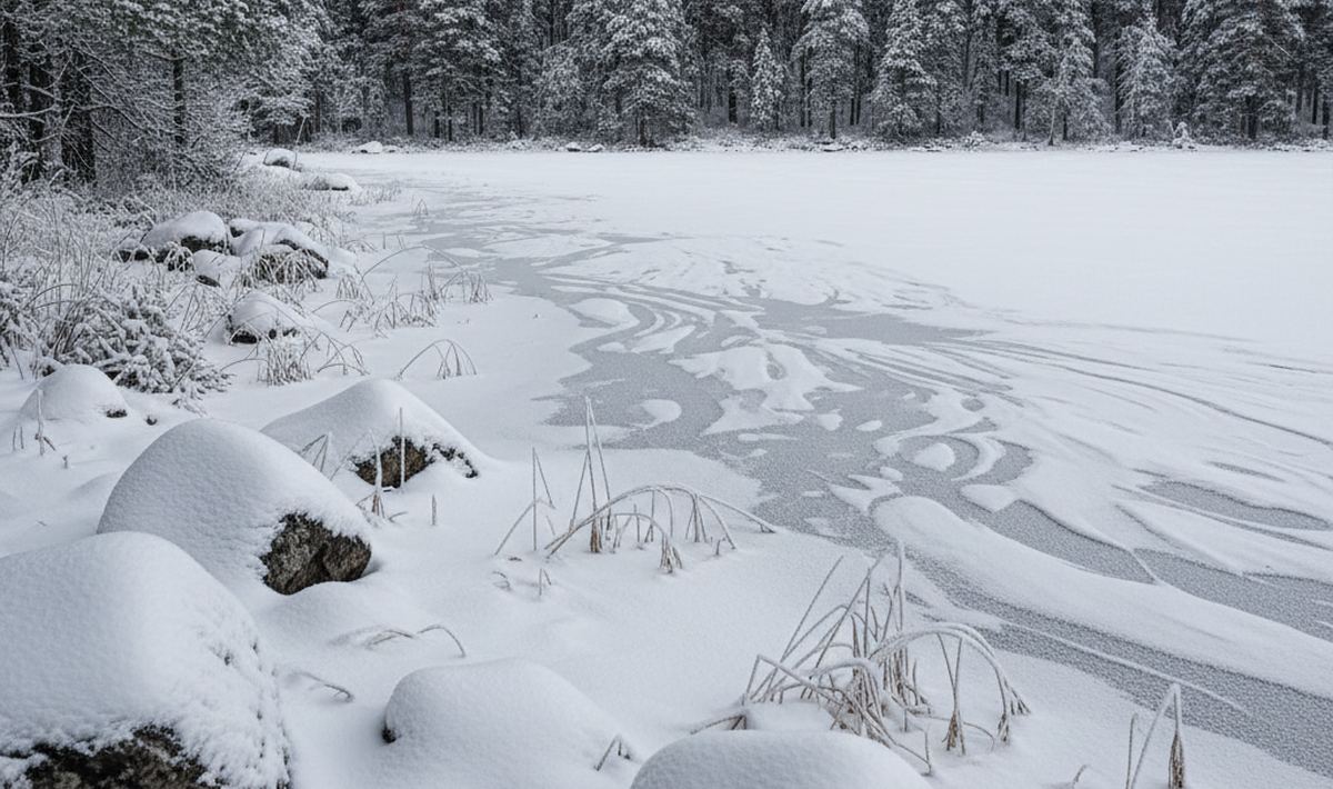 Snow covered boulders and frozen reed stubble at a lake edge below dense snow laden spruce filling the upper frame.