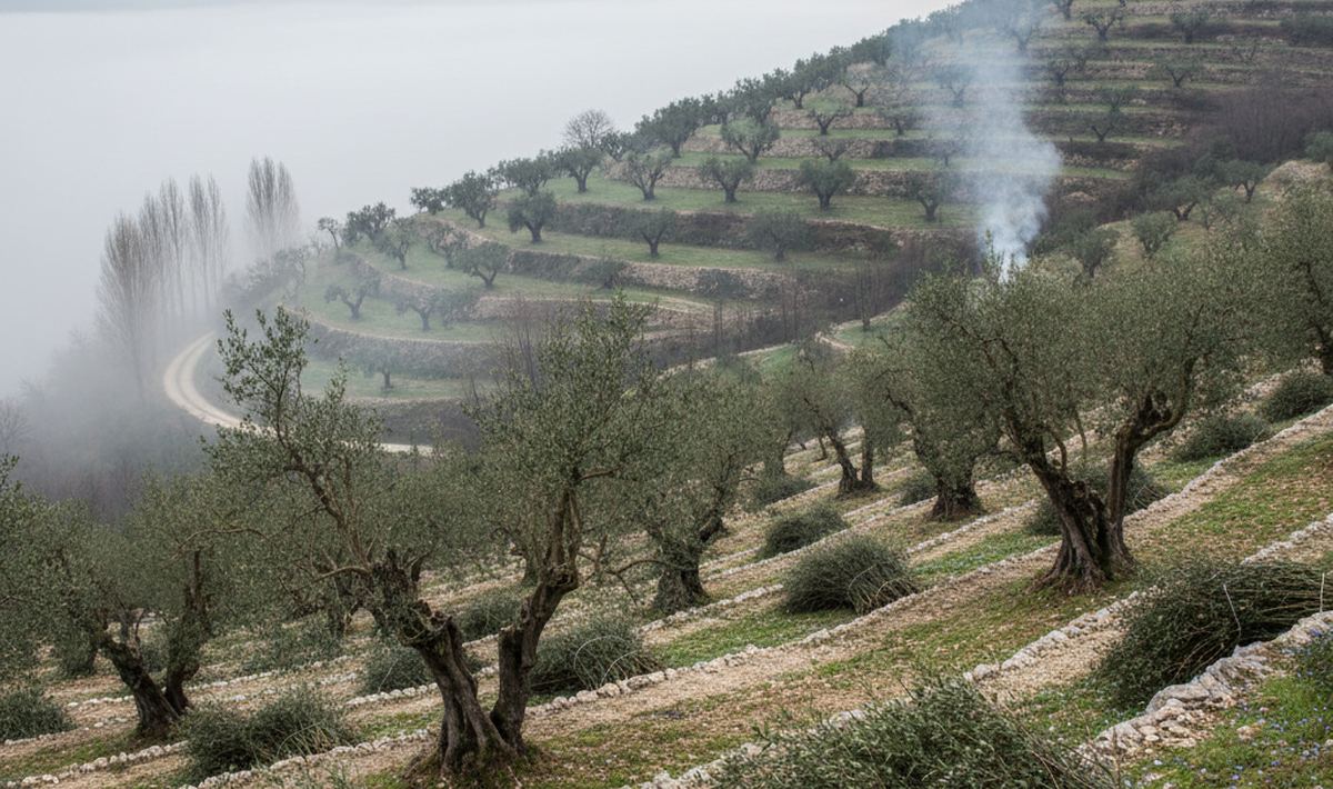 Terraced olive groves on a steep hillside with piles of cut brush between the rows, fog in the valley and smoke rising.