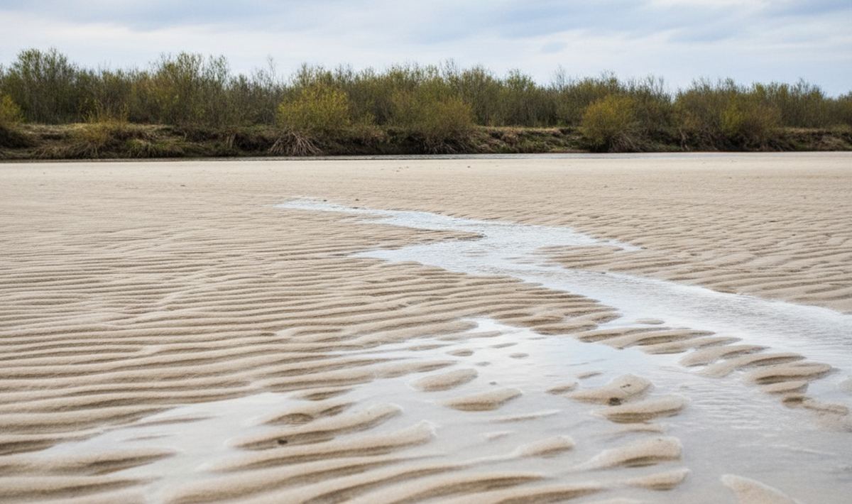 A broad sandbar in a shallow river, pale sand ribbed by the current and a band of willow scrub along the far edge.