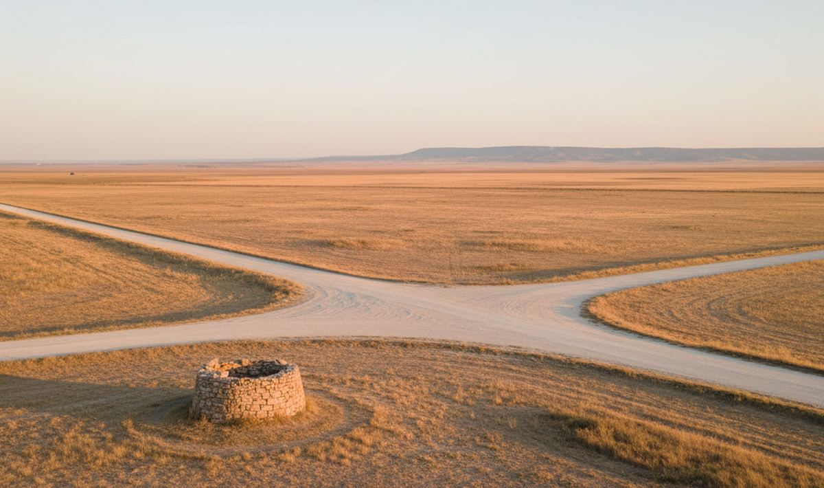 Two single lane gravel tracks crossing obliquely on open dry ground at dusk, a low circular drystone well head in the foreground.