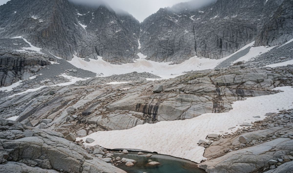 A granite mountain cirque with banks of old snow on stony terraces and a small meltwater pool among the boulders.