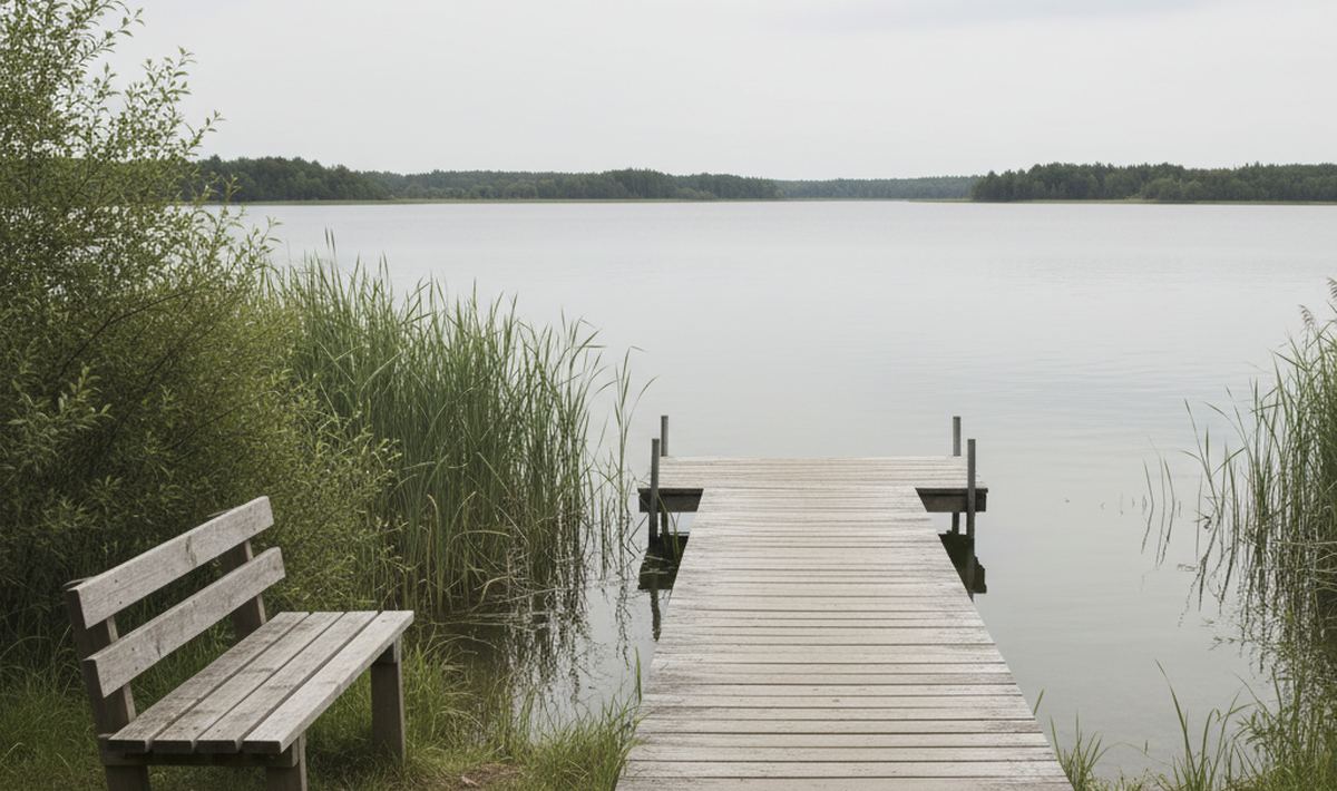 A short wooden landing stage on still lake water, with a slatted bench on the bank at its shore end and reeds standing behind it.