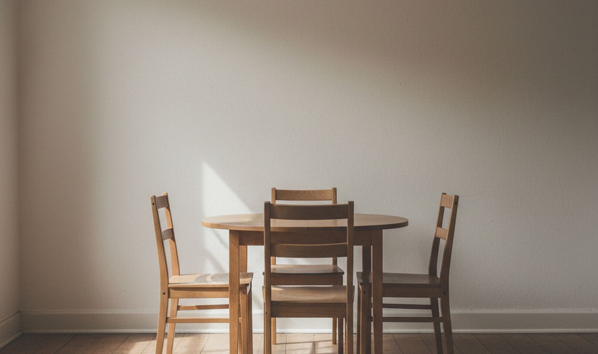 Four plain wooden chairs pushed up to a small round table in an empty room, one of them turned outward.